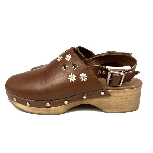 Zara Embroidered Leather and Wooden Clogs Brown Tan Size 38 7.5-8 - Picture 2 of 9